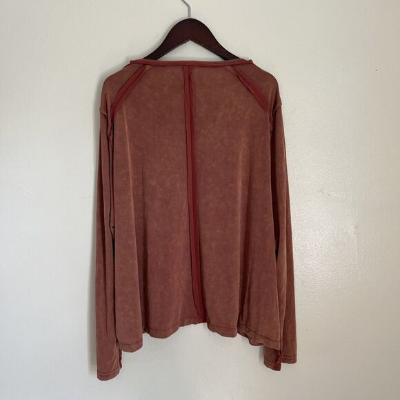 POL Raw Hem Acid Wash Scoopneck Boho Relaxed Fit Blouse, Rust Orange- Small - Picture 8 of 10